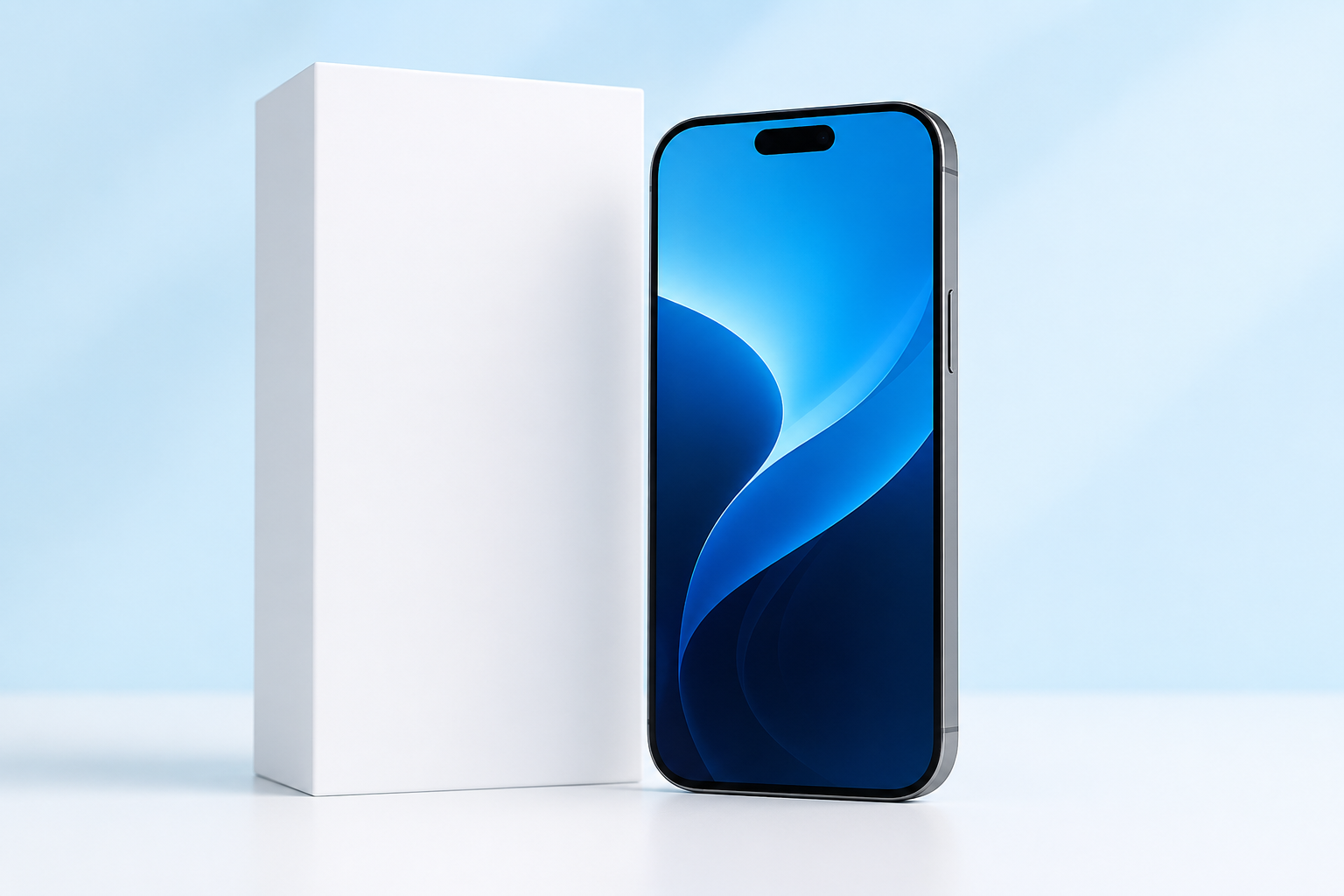 Smartphone reconditionné présenté avec sa boîte blanche en boutique